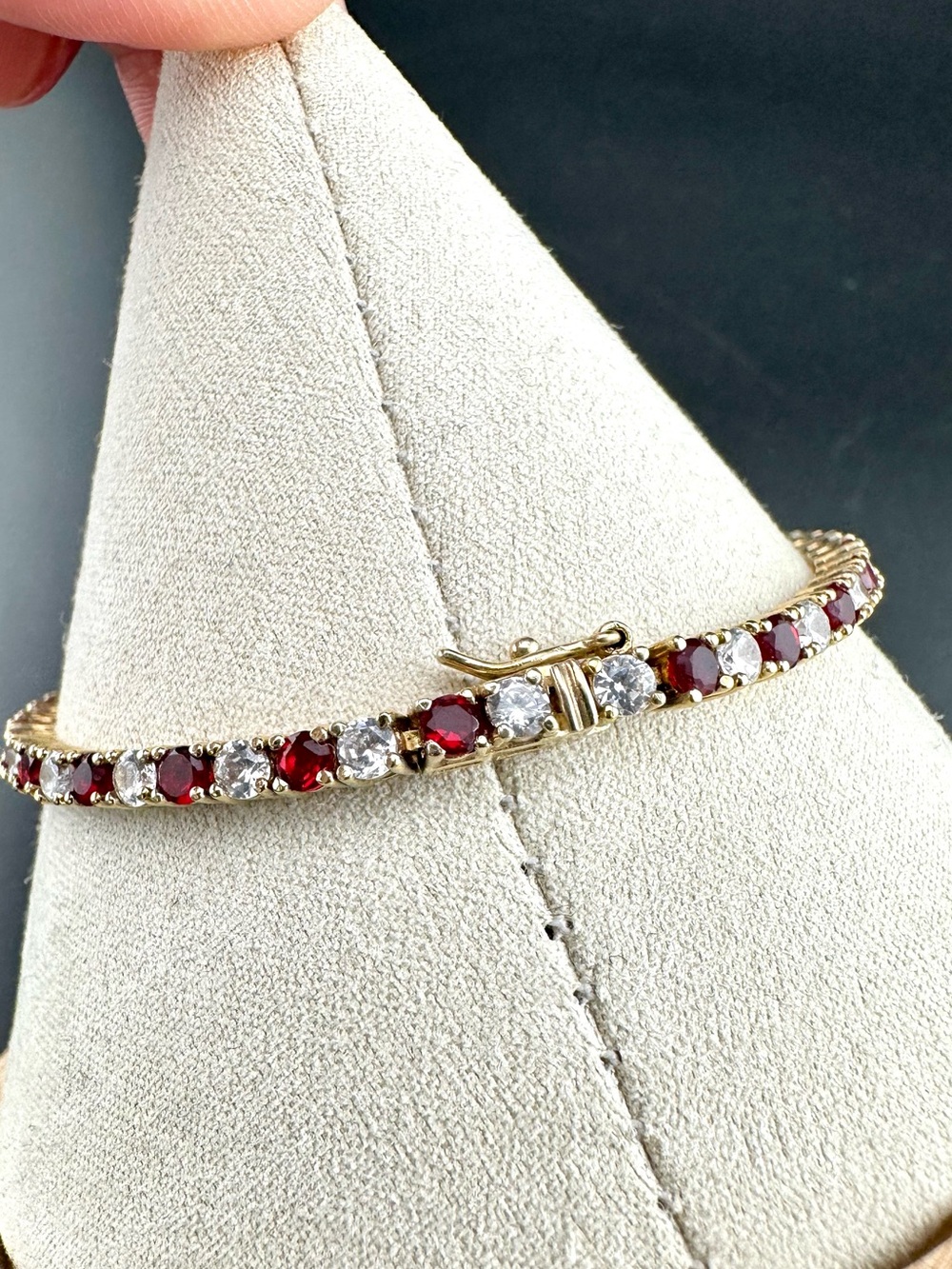 Ruby red CZ diamond round tennis line bracelet gold vermeil sterling silver - Picture 2 of 6